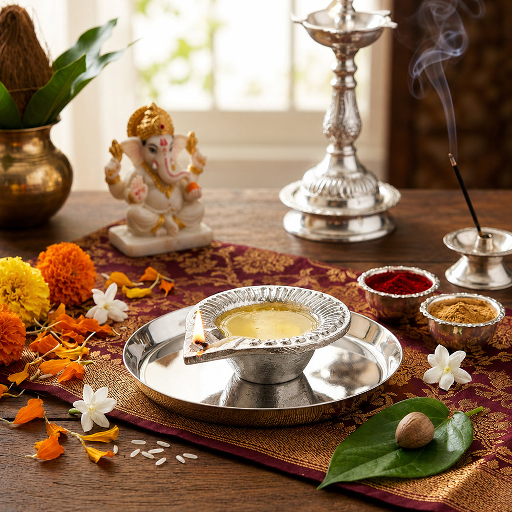 Metal Diya With Plate - Silver
