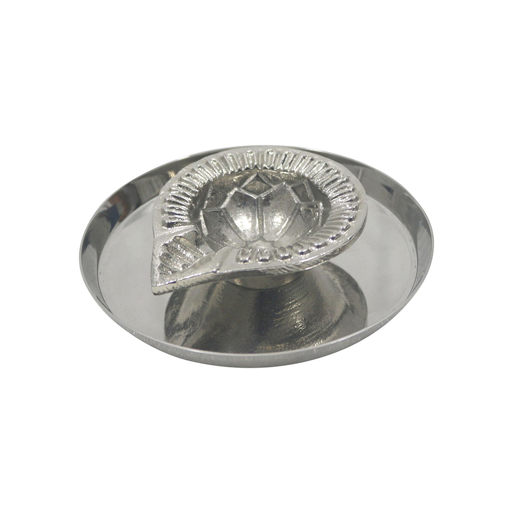 Metal Diya With Plate - Silver