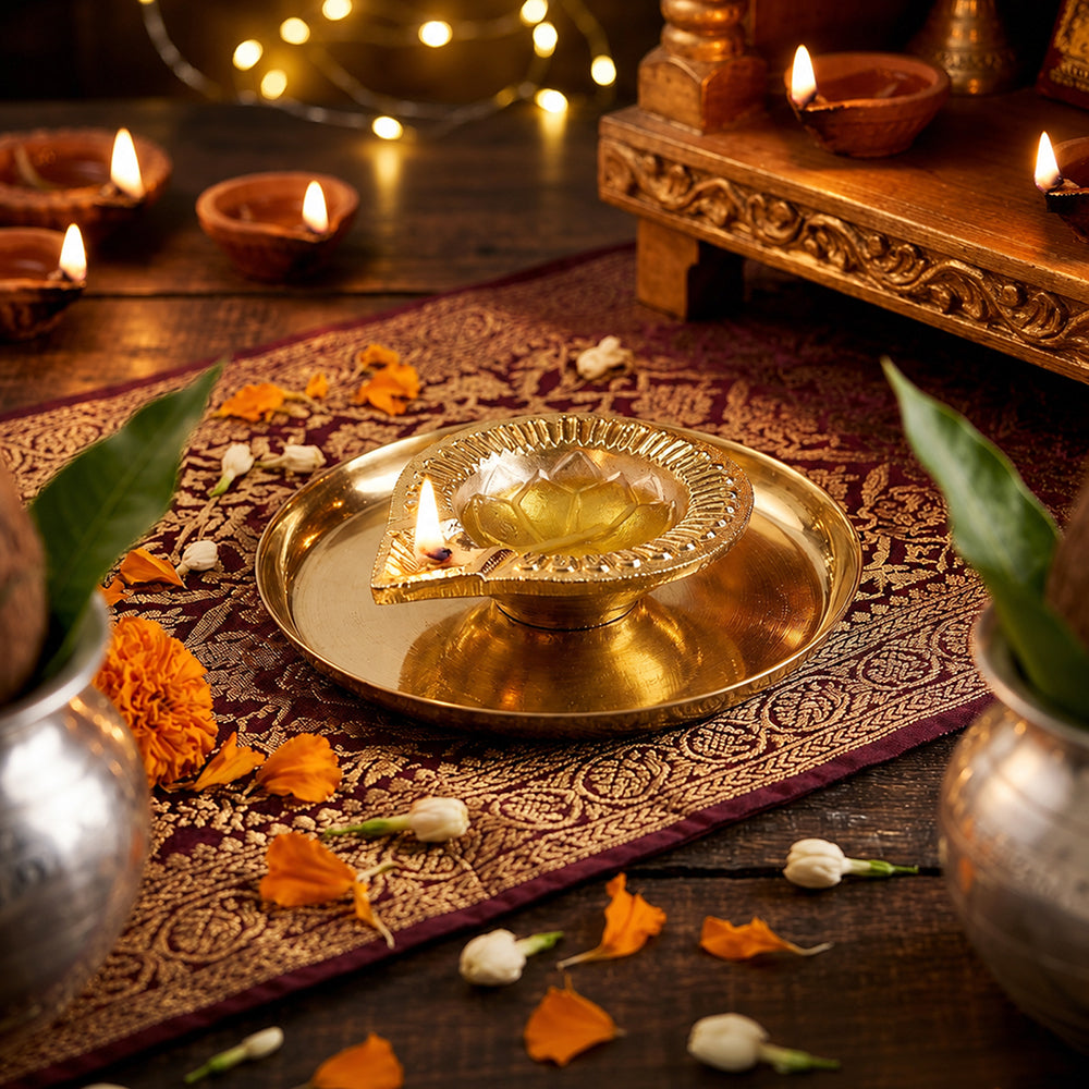 Metal Diya With Plate - Gold