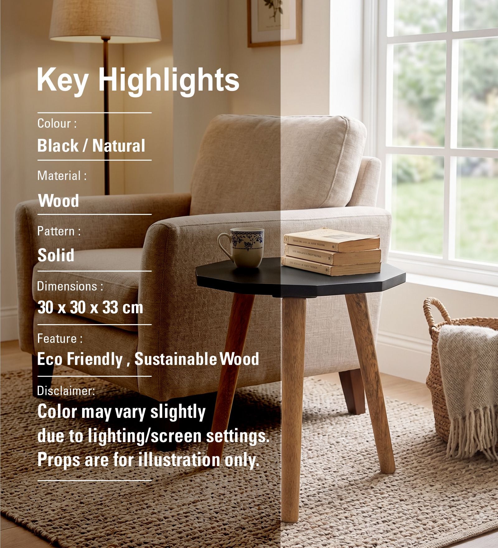 Tripod Wooden Side Table - Black & Natural
