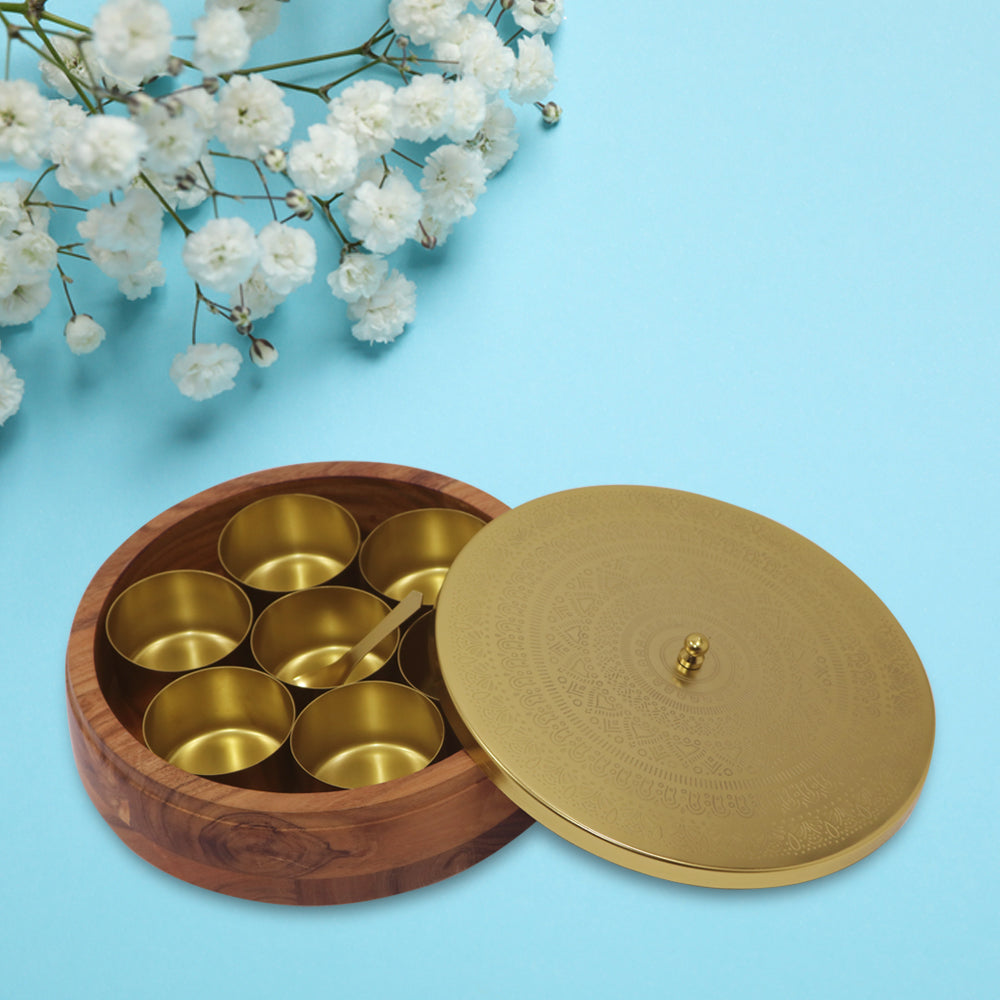 Wooden Spice Box/ Masala Box with Metal Lid