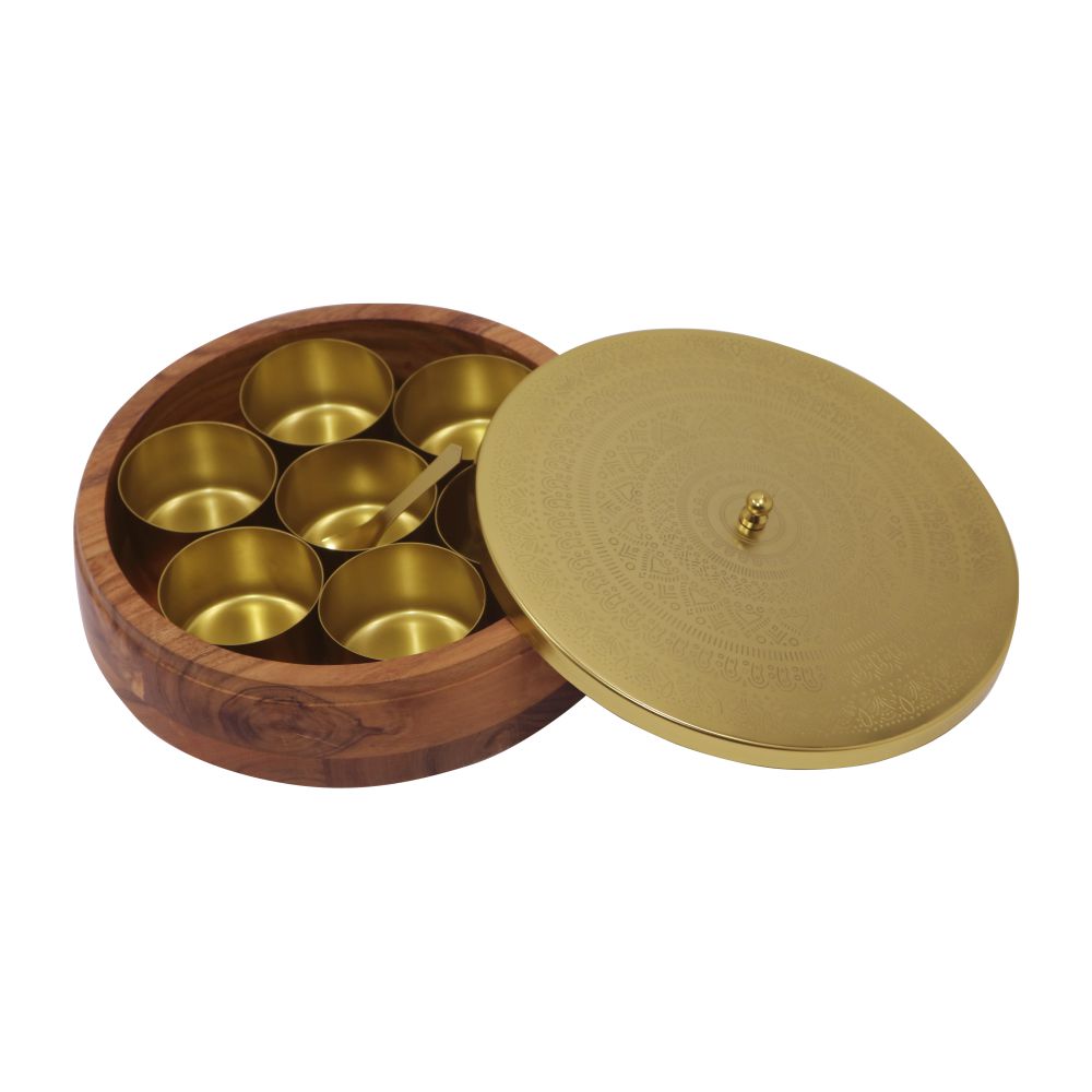 Wooden Spice Box/ Masala Box with Metal Lid