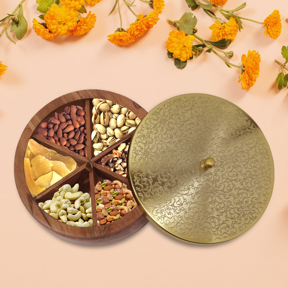 Wooden Dry Fruit Box/ Masala Box with Metal Lid