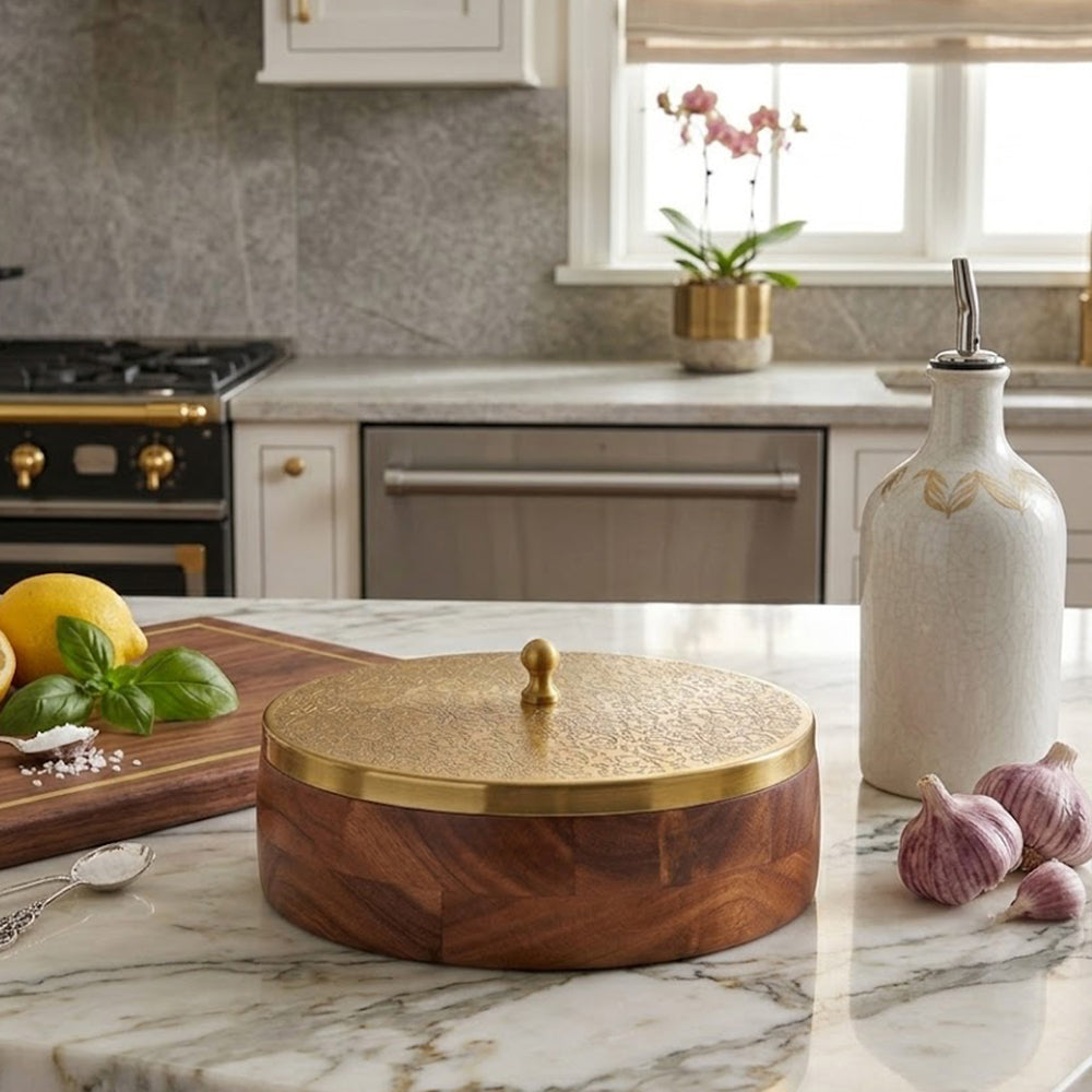 Wooden Storage Box With Lid - Brown & Gold