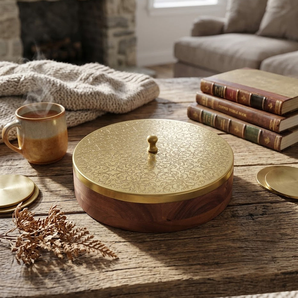 Wooden Storage Box With Lid - Brown & Gold