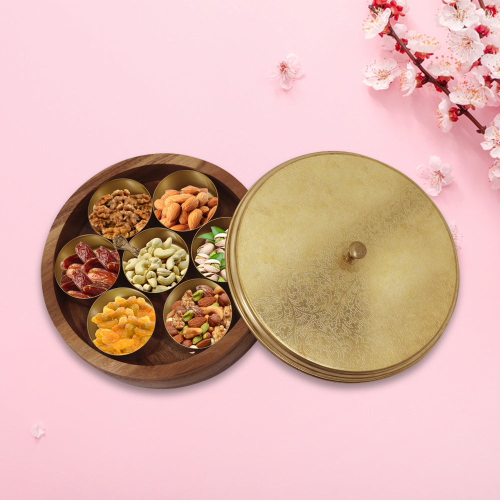 Wooden Spice Box/ Masala Box with Brass Lid