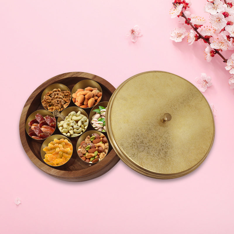 Wooden Spice Box/ Masala Box with Brass Lid