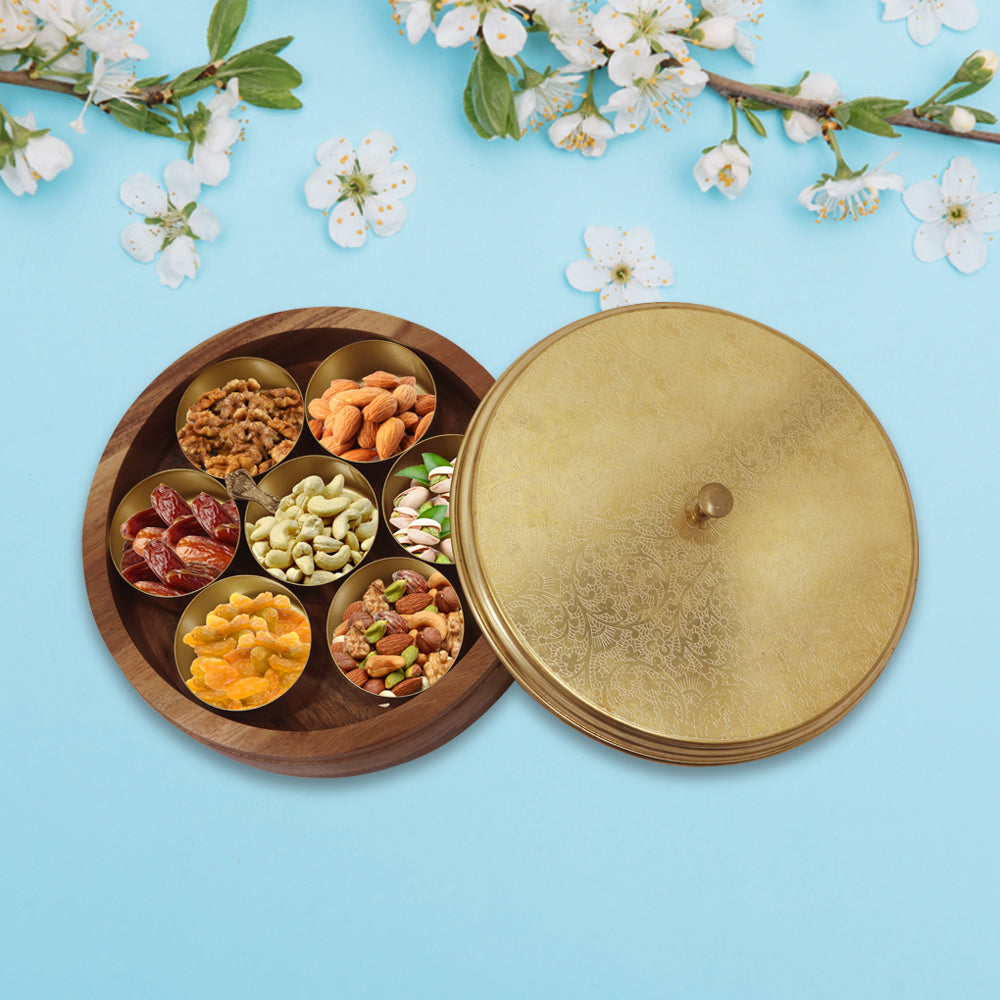 Wooden Spice Box/ Masala Box with Brass Lid