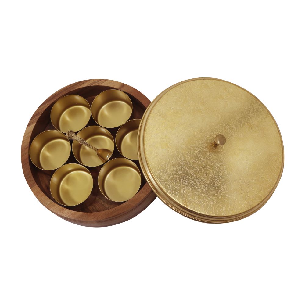 Wooden Spice Box/ Masala Box with Brass Lid