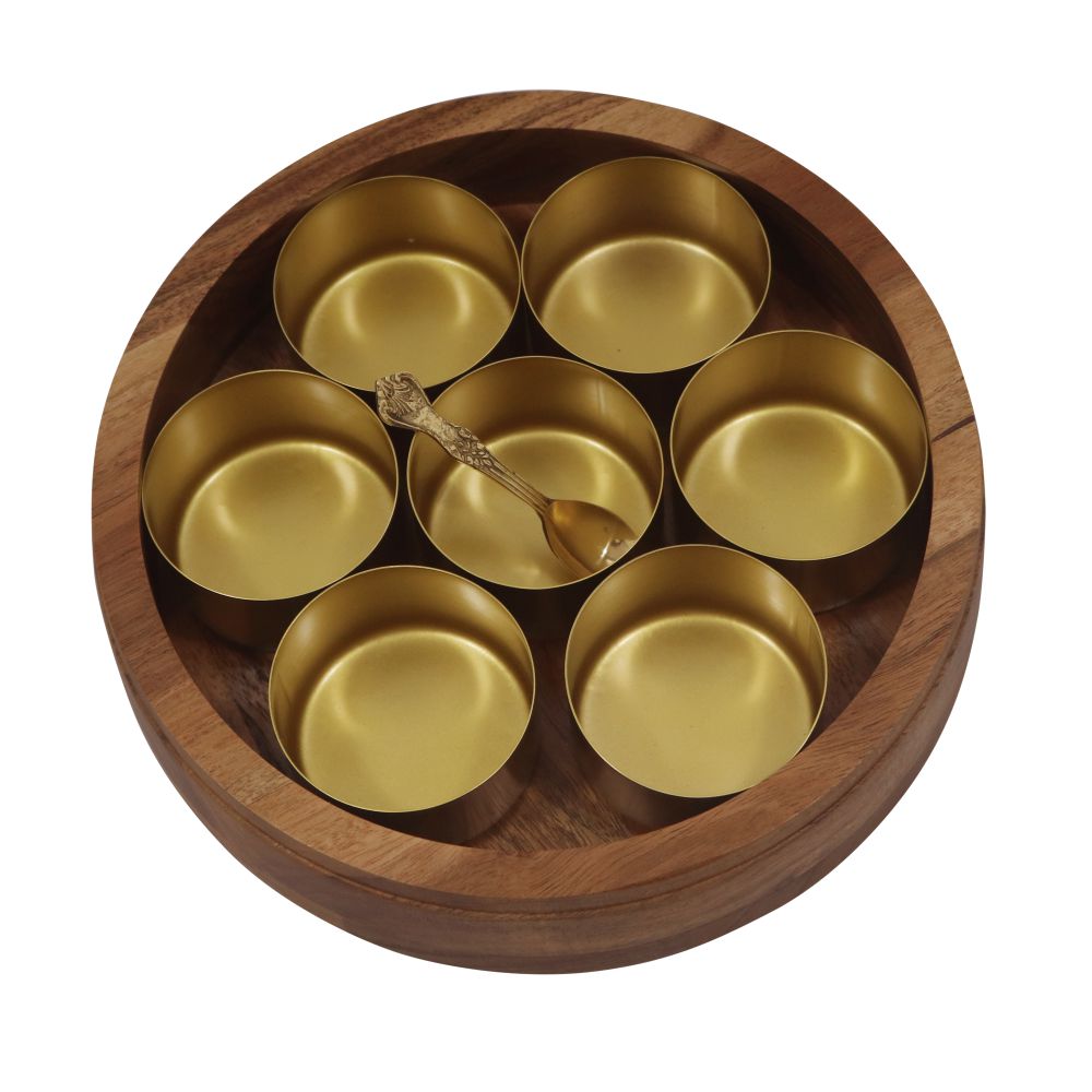 Wooden Spice Box/ Masala Box with Brass Lid