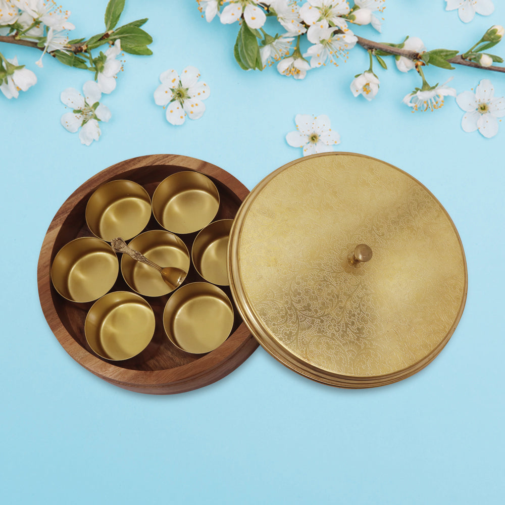 Wooden Spice Box/ Masala Box with Brass Lid