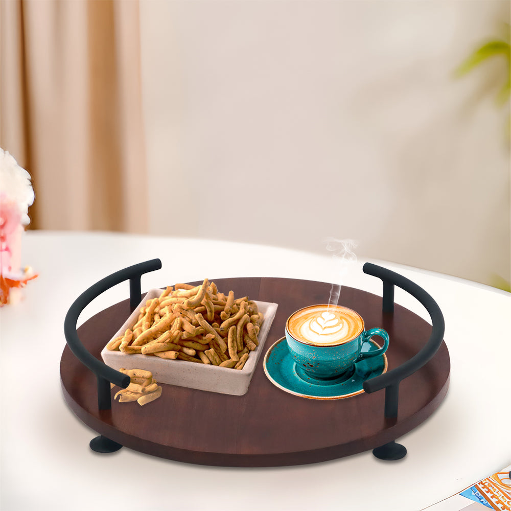 Wooden Serving Tray With Metal Handle