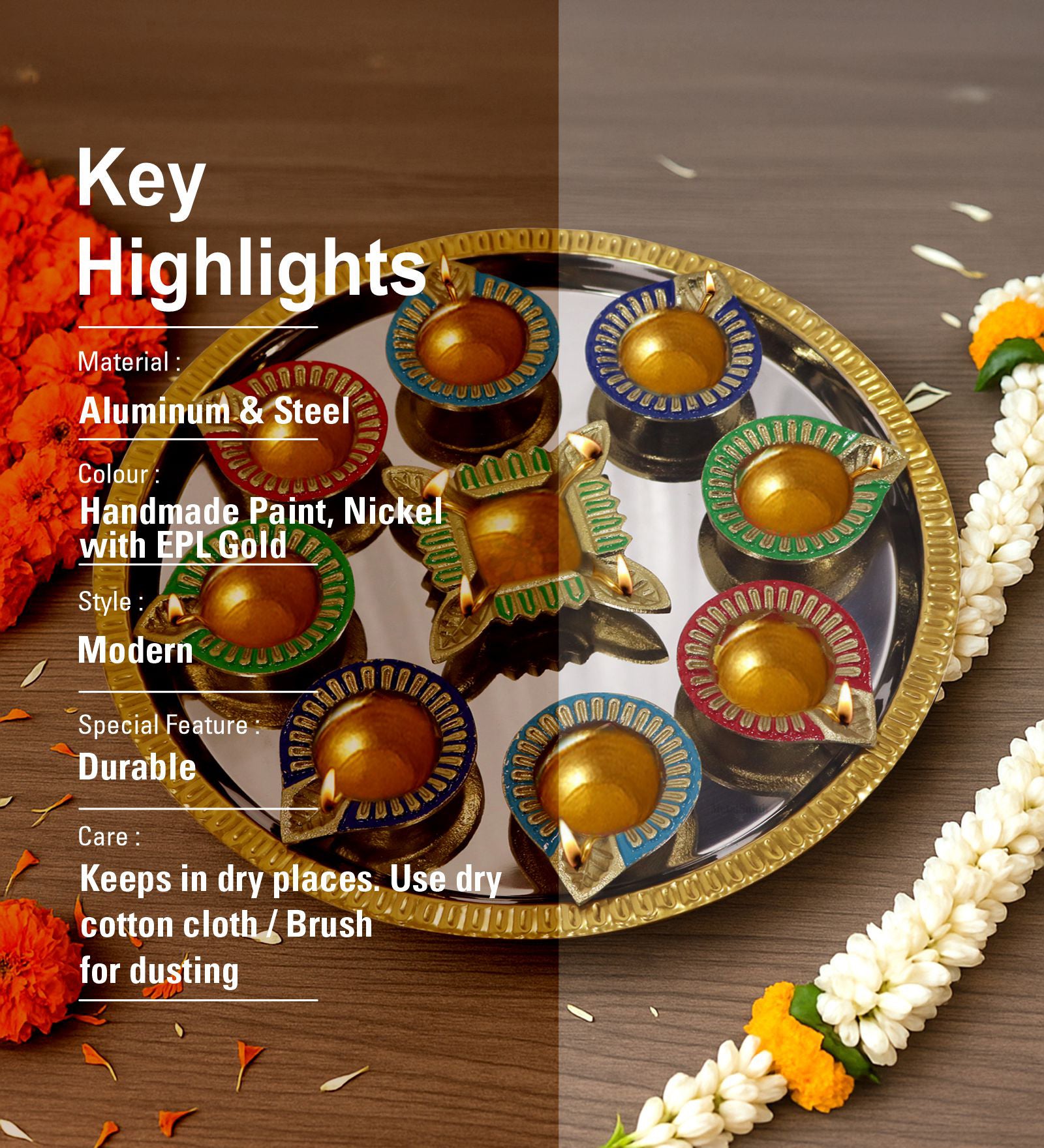 Diya Set With Thali For Décor And Pooja (Multicolor)