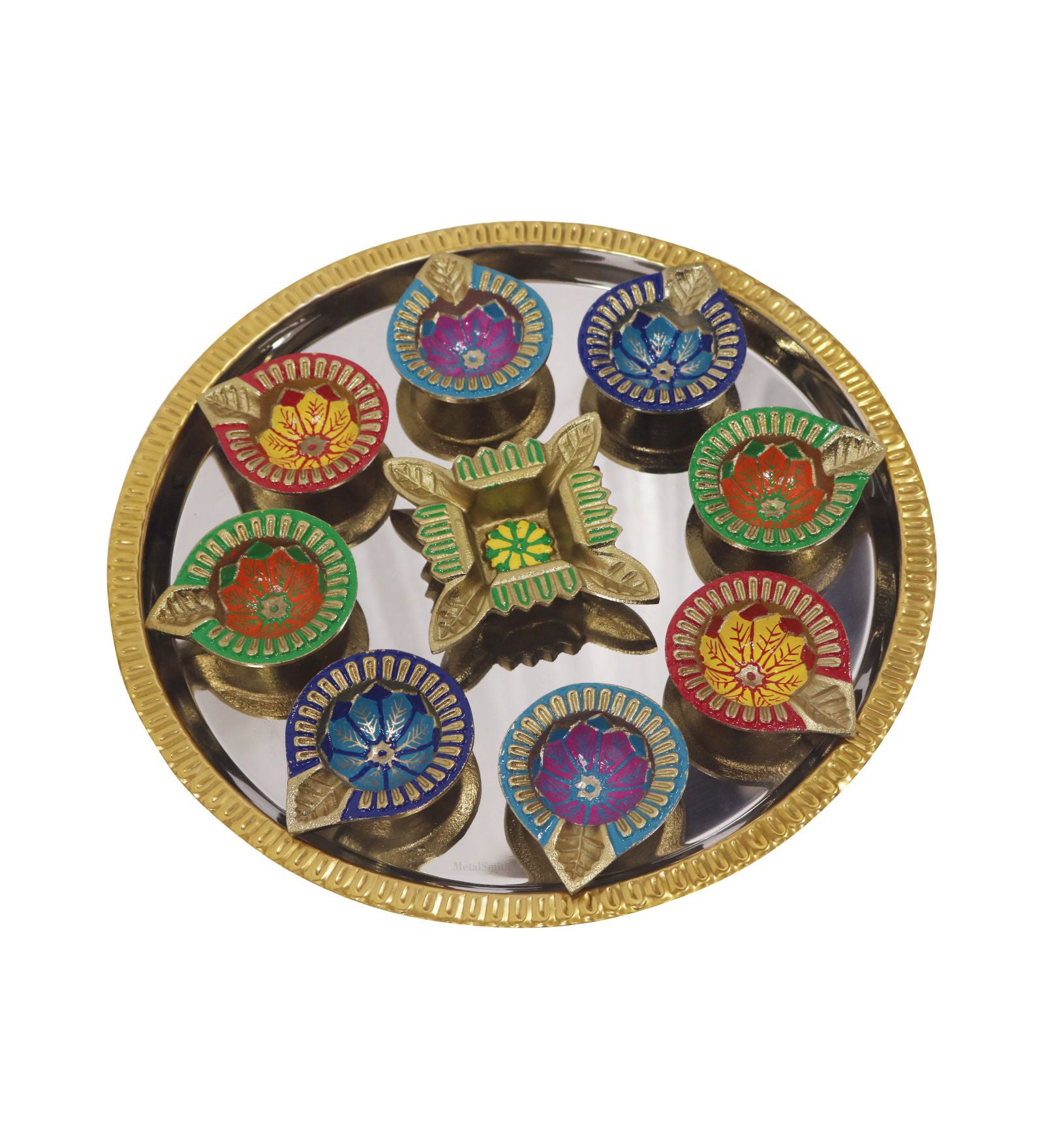 Diya Set With Thali For Décor And Pooja (Multicolor)