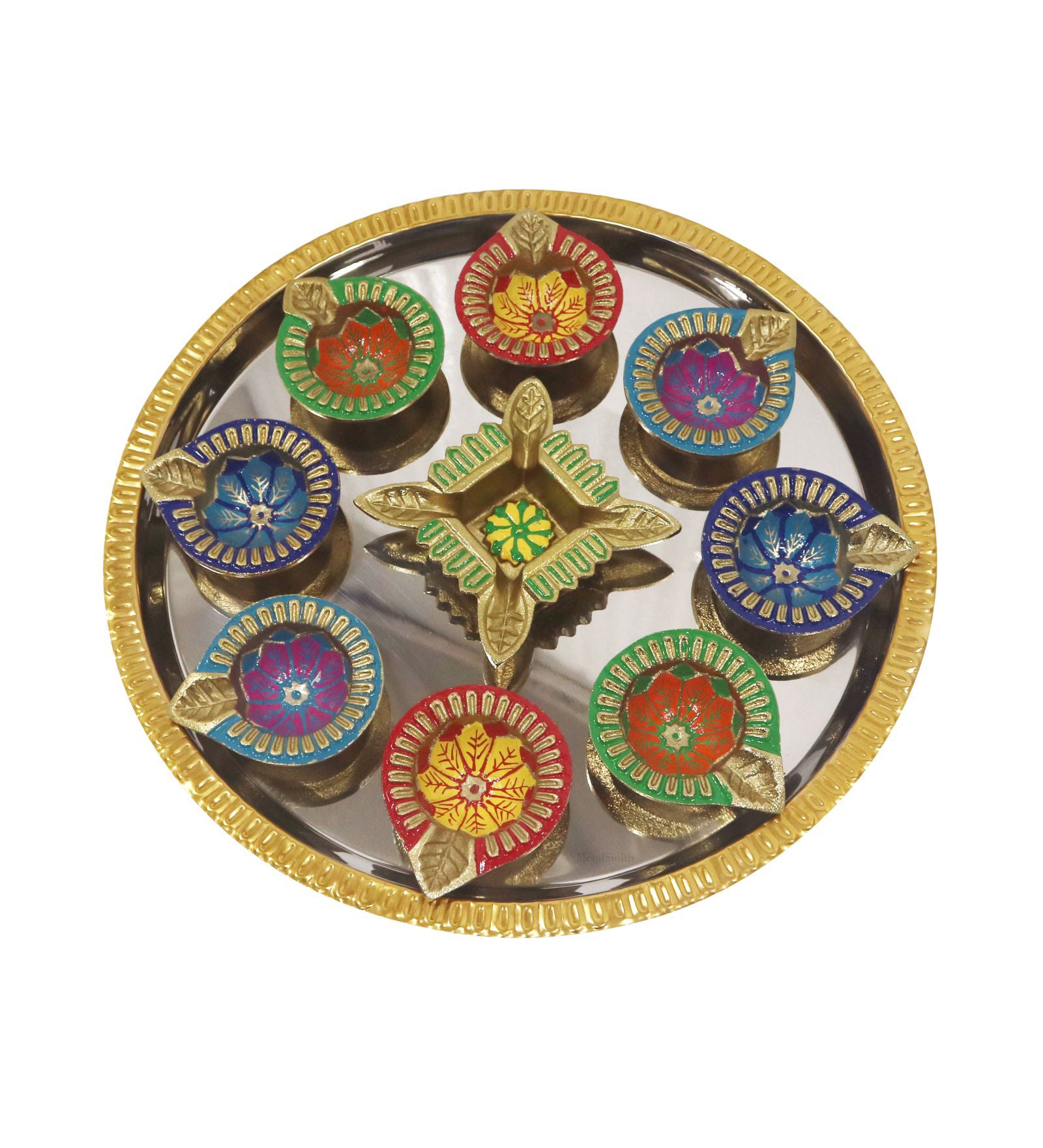 Diya Set With Thali For Décor And Pooja (Multicolor)