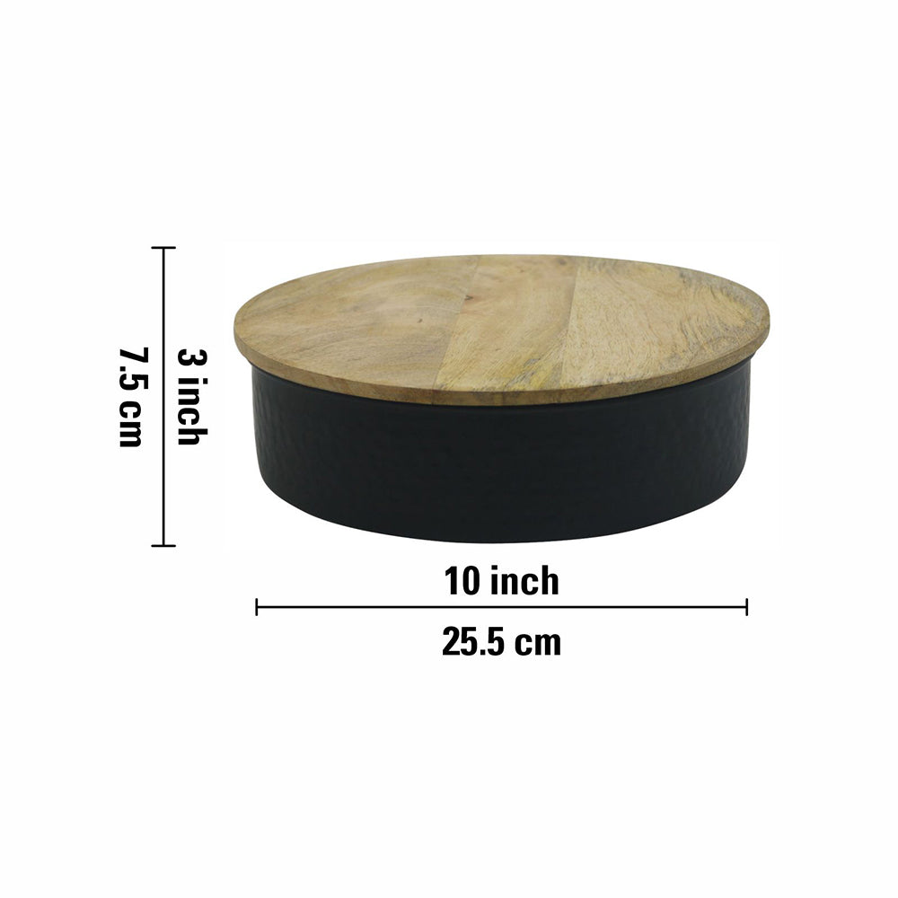 Metal Storage Box With Wooden Lid - Black