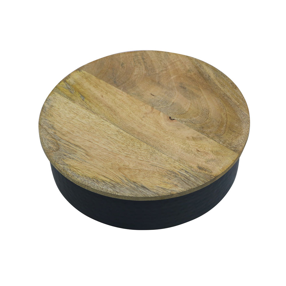 Metal Storage Box With Wooden Lid - Black