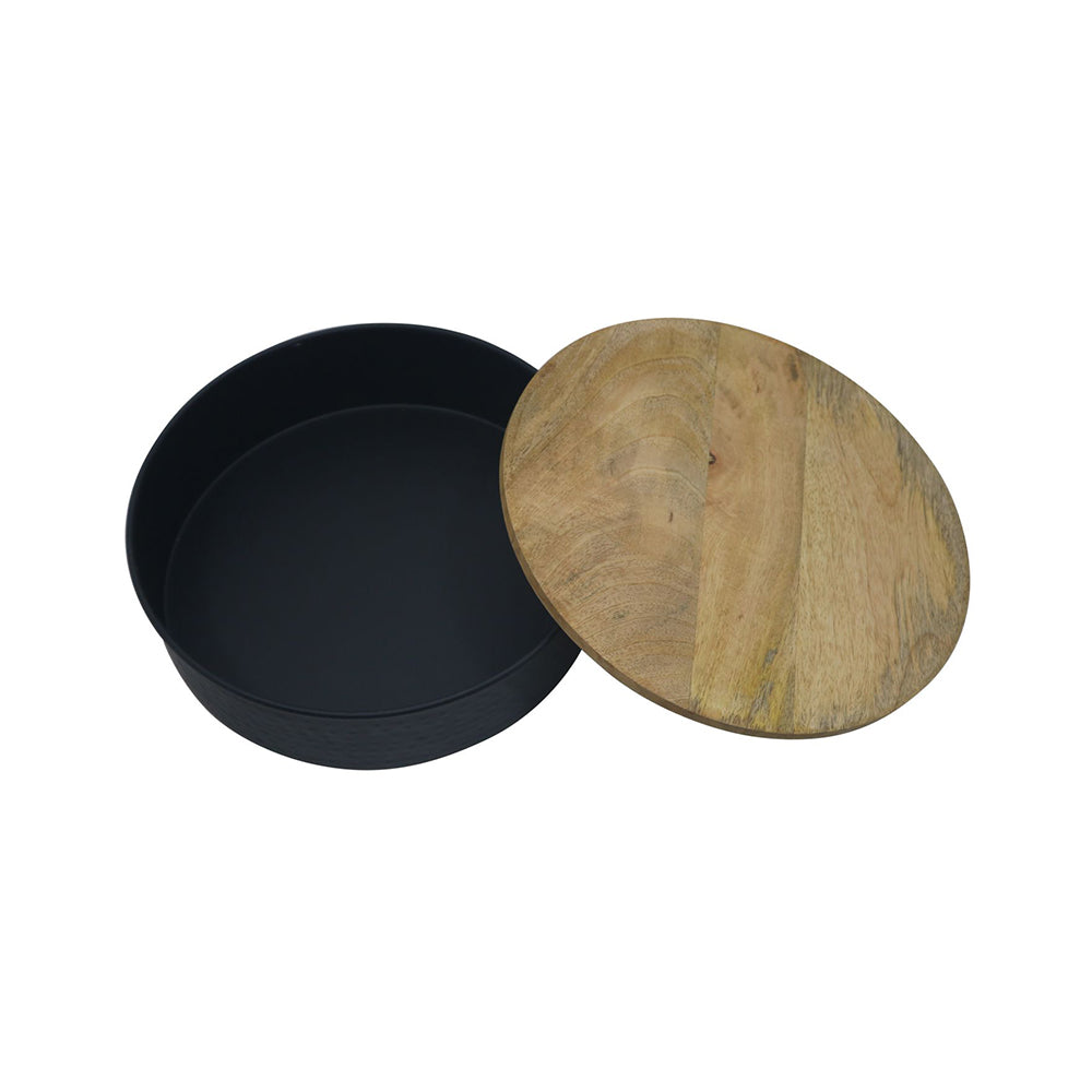 Metal Storage Box With Wooden Lid - Black