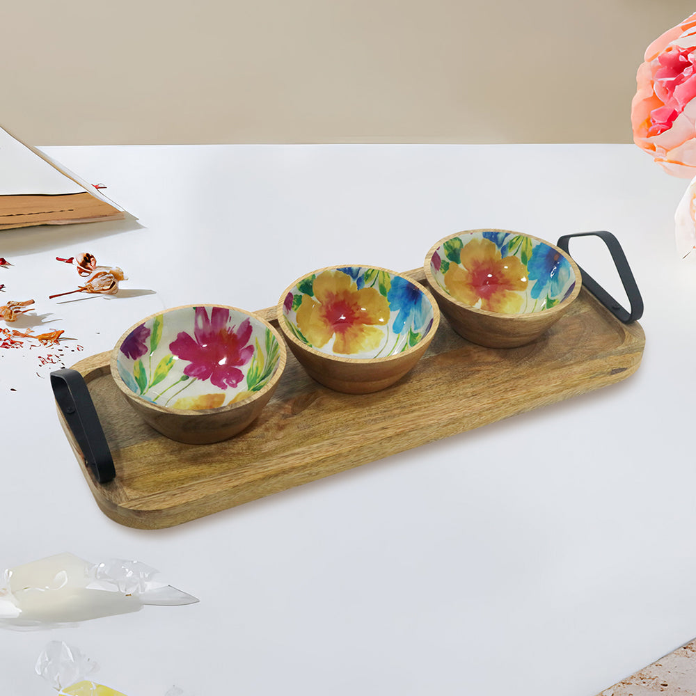 Wooden Serving Tray With Three Bowls