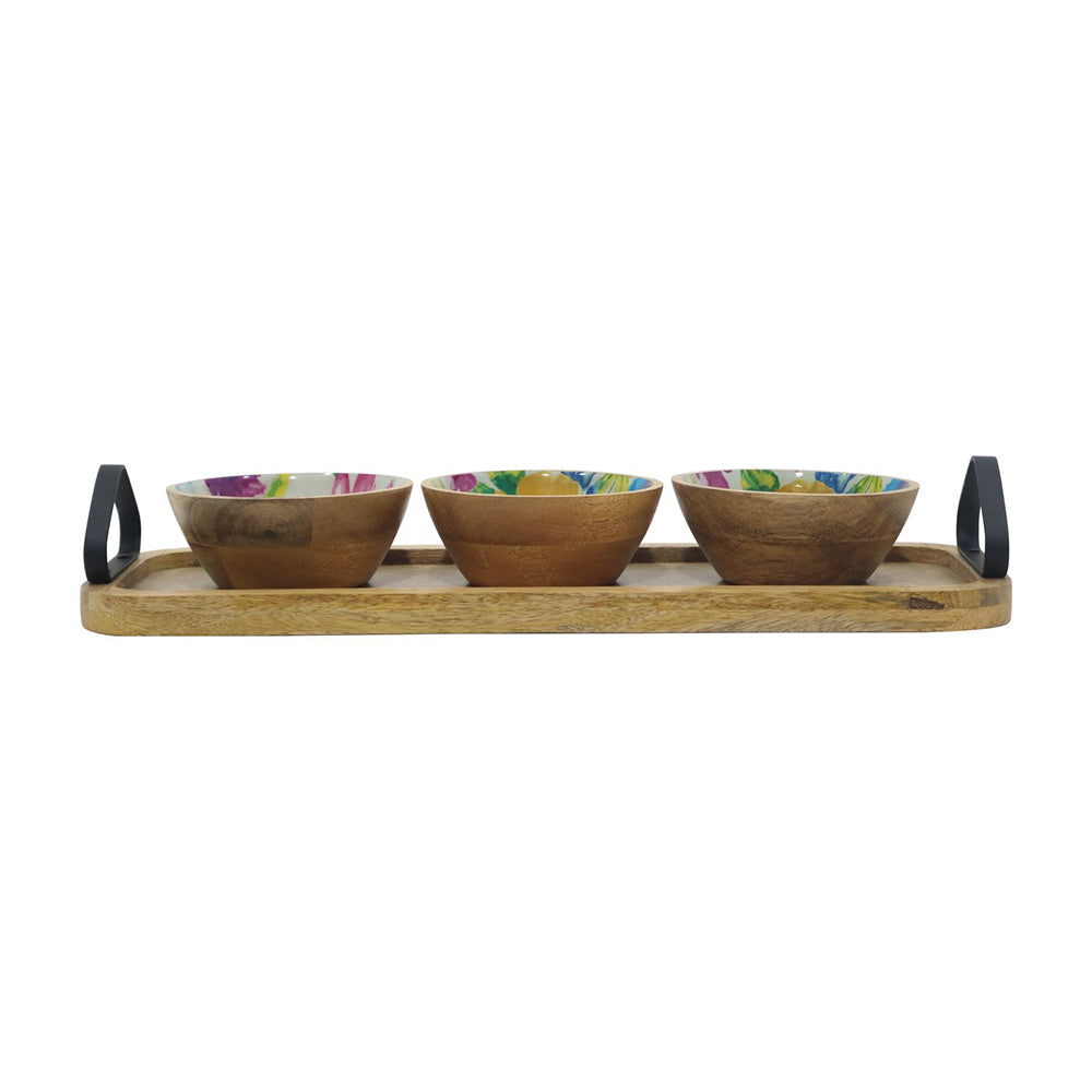 Wooden Serving Tray With Three Bowls