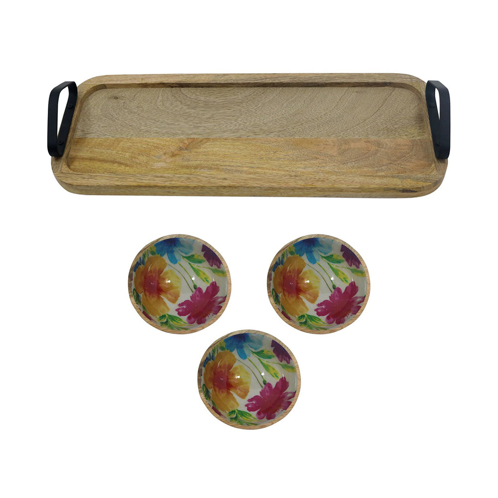 Wooden Serving Tray With Three Bowls