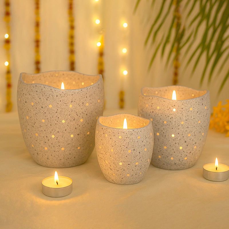 Decorative Votive Holders for Diwali, Festivals & Home Decor Set of 3 Speckled Stone Finish Votive Candle Holders with Wavy Edges