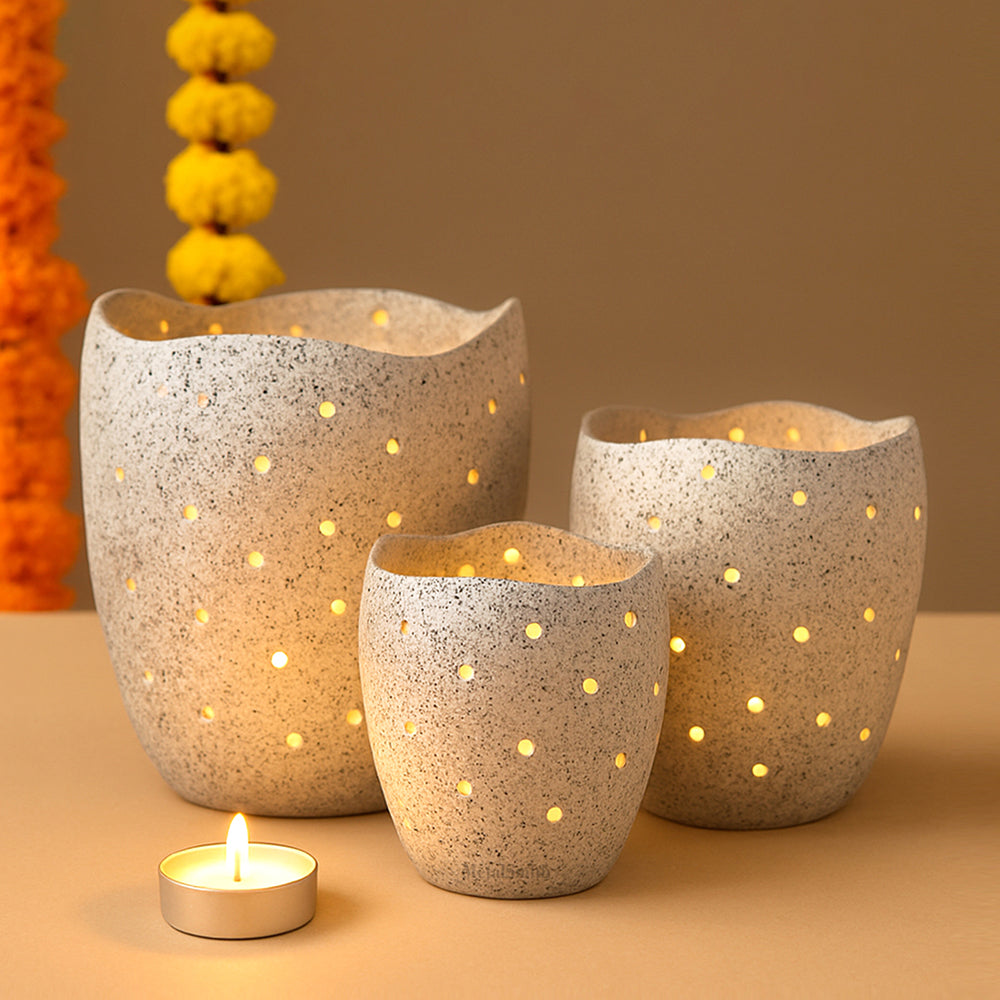 Decorative Votive Holders for Diwali, Festivals & Home Decor Set of 3 Speckled Stone Finish Votive Candle Holders with Wavy Edges