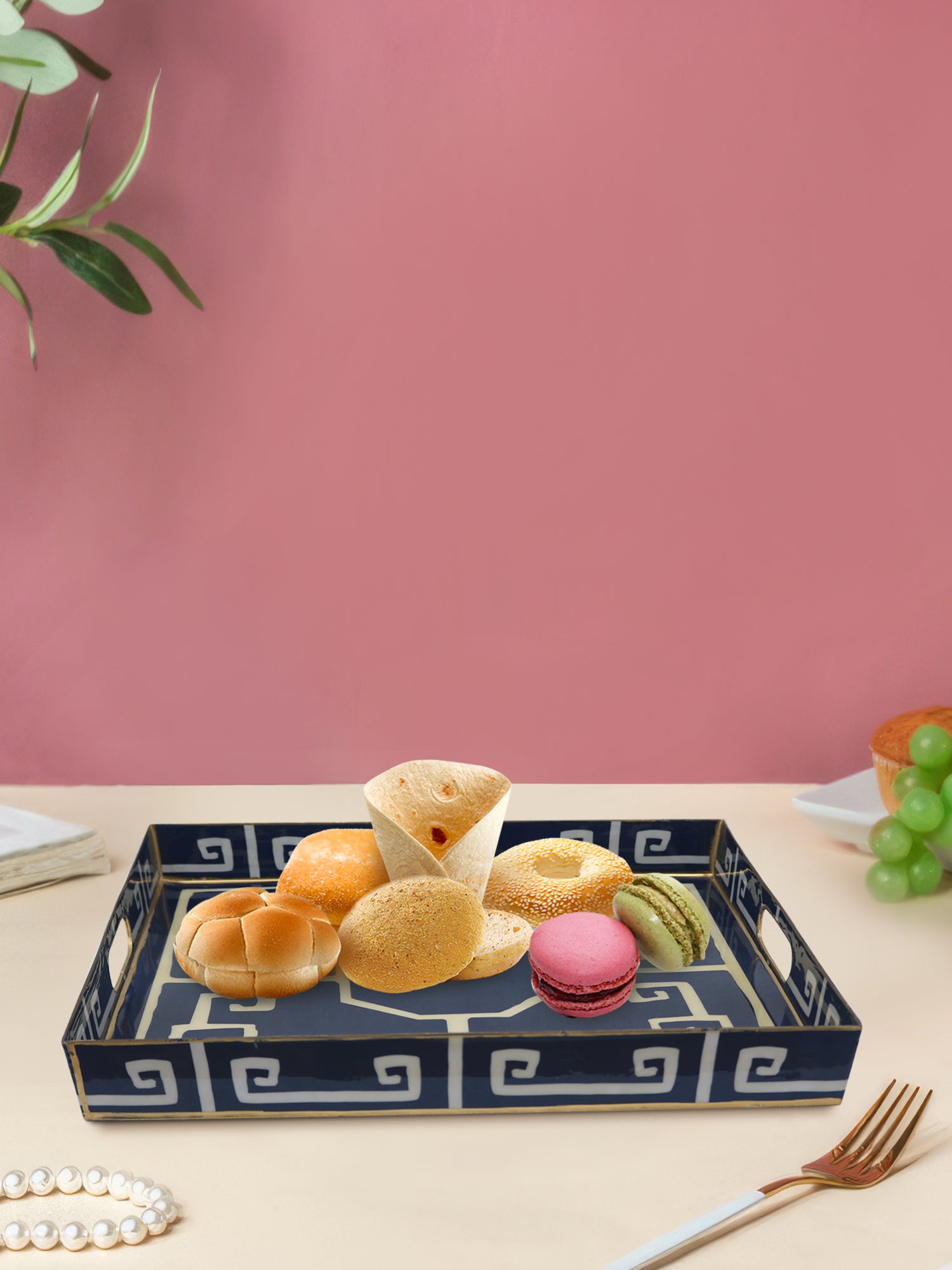 Iron Rectangle Enamel Designer Blue Serving Tray For Kitchen , Office