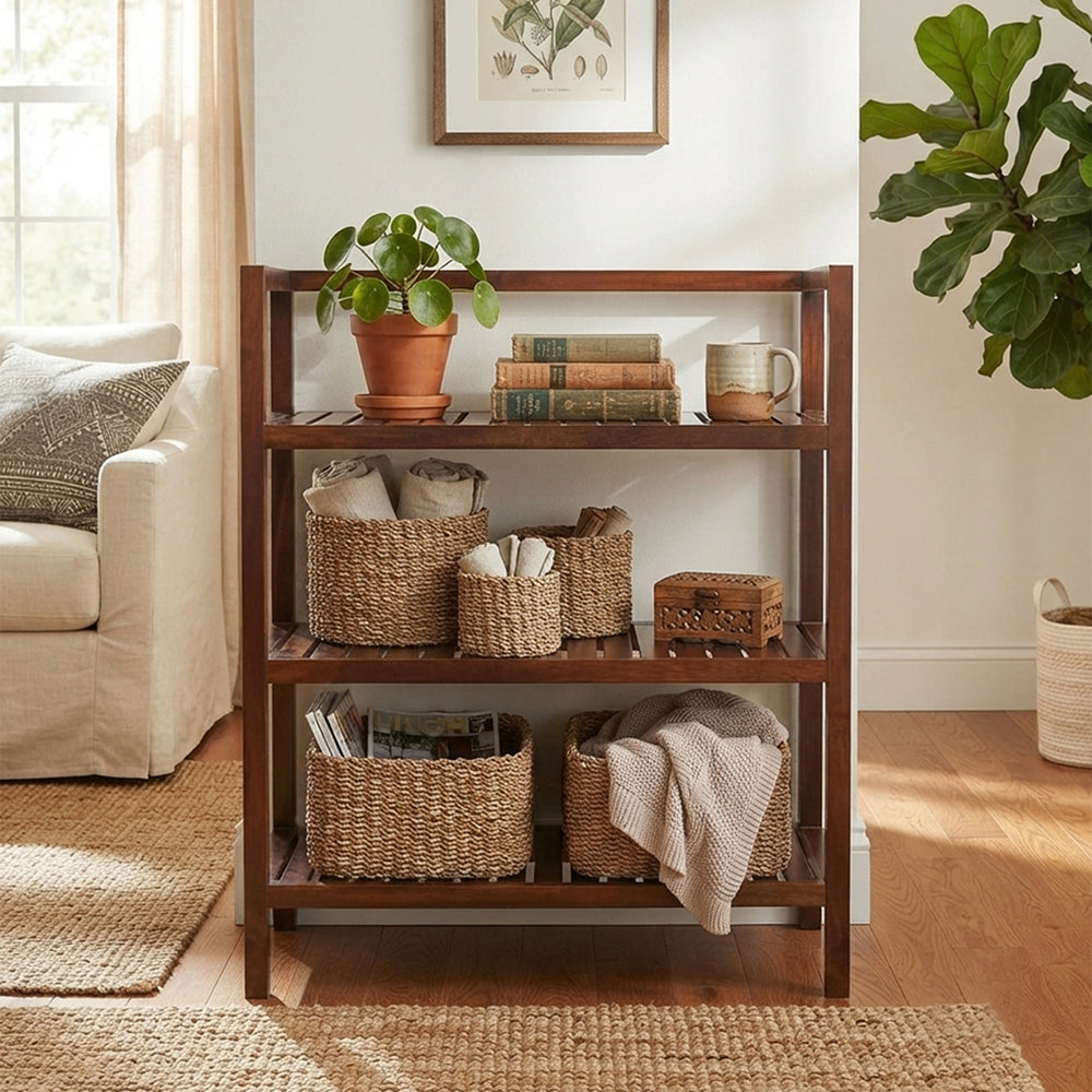 Wooden Storage Rack With 3 Shelves, Large - Walnut