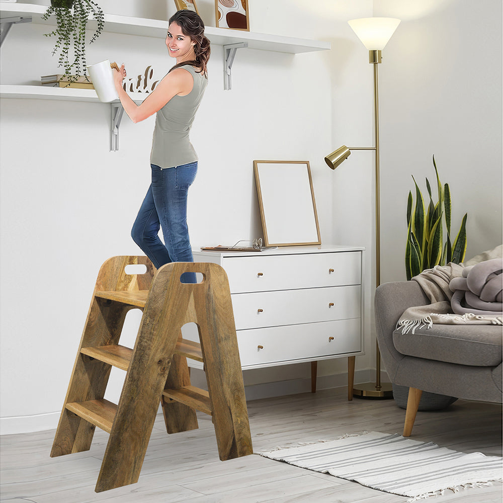 Mango Wood Foldable 3-Step Wide Anti Slip Ladder-Natural