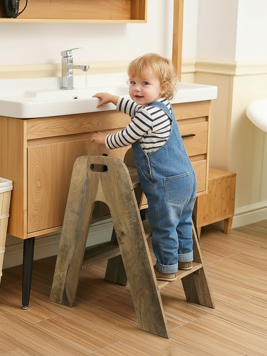 Mango Wood Foldable 3-Step Wide Anti Slip Ladder-Natural