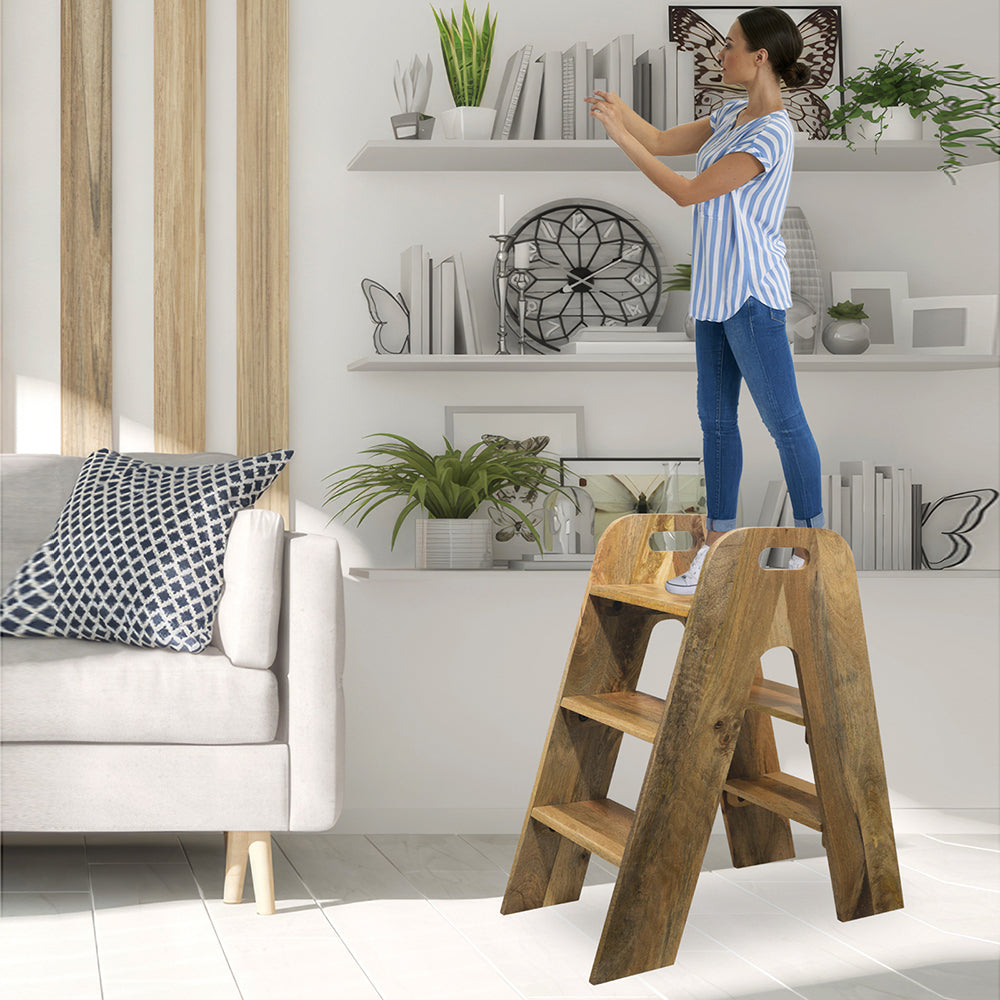 Mango Wood Foldable 3-Step Wide Anti Slip Ladder-Natural