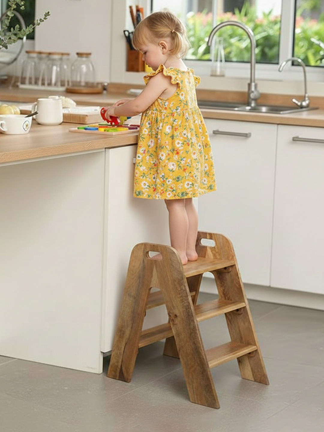 Mango Wood Foldable 3-Step Wide Anti Slip Ladder-Natural