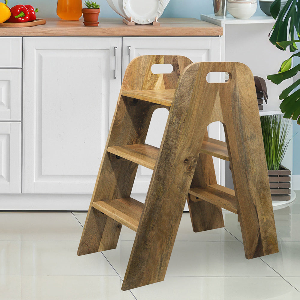 Mango Wood Foldable 3-Step Wide Anti Slip Ladder-Natural