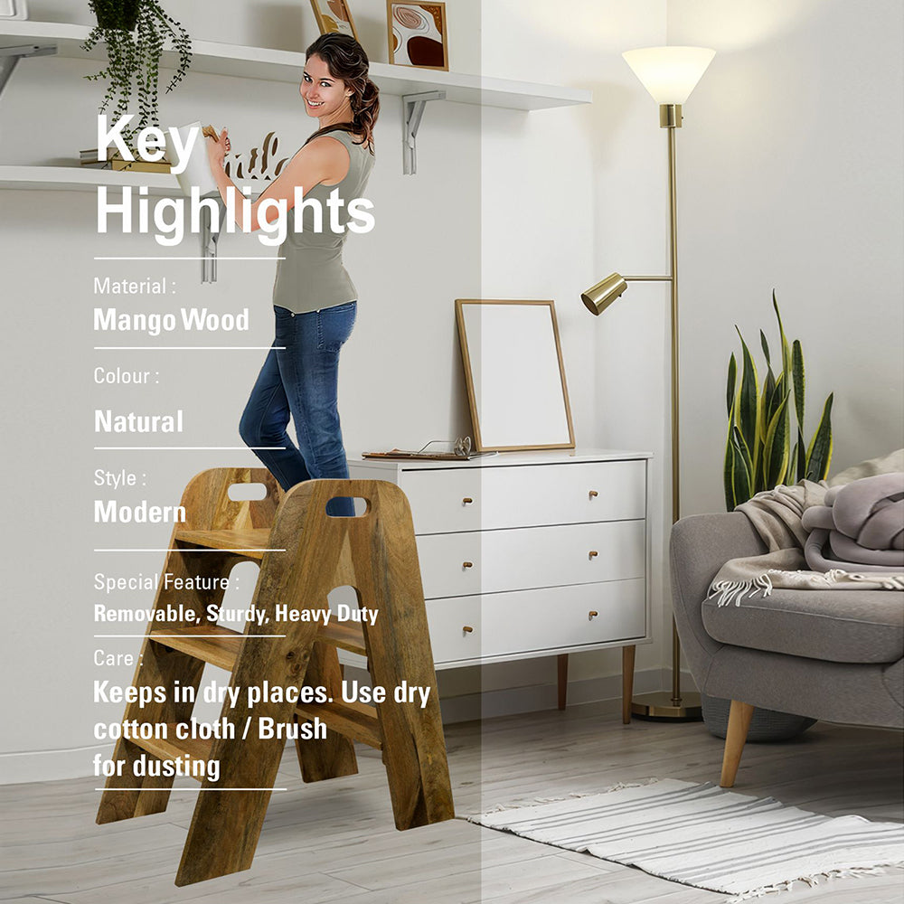 Mango Wood Foldable 3-Step Wide Anti Slip Ladder-Natural