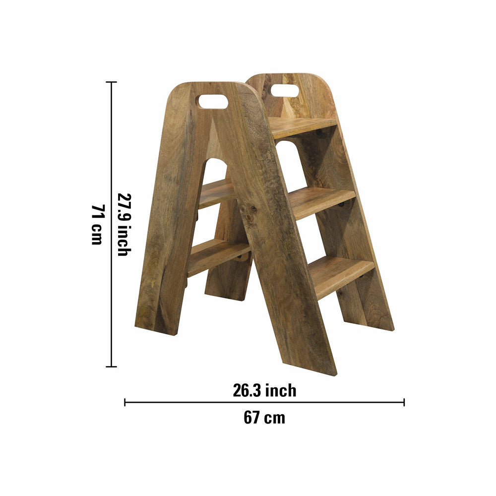 Mango Wood Foldable 3-Step Wide Anti Slip Ladder-Natural