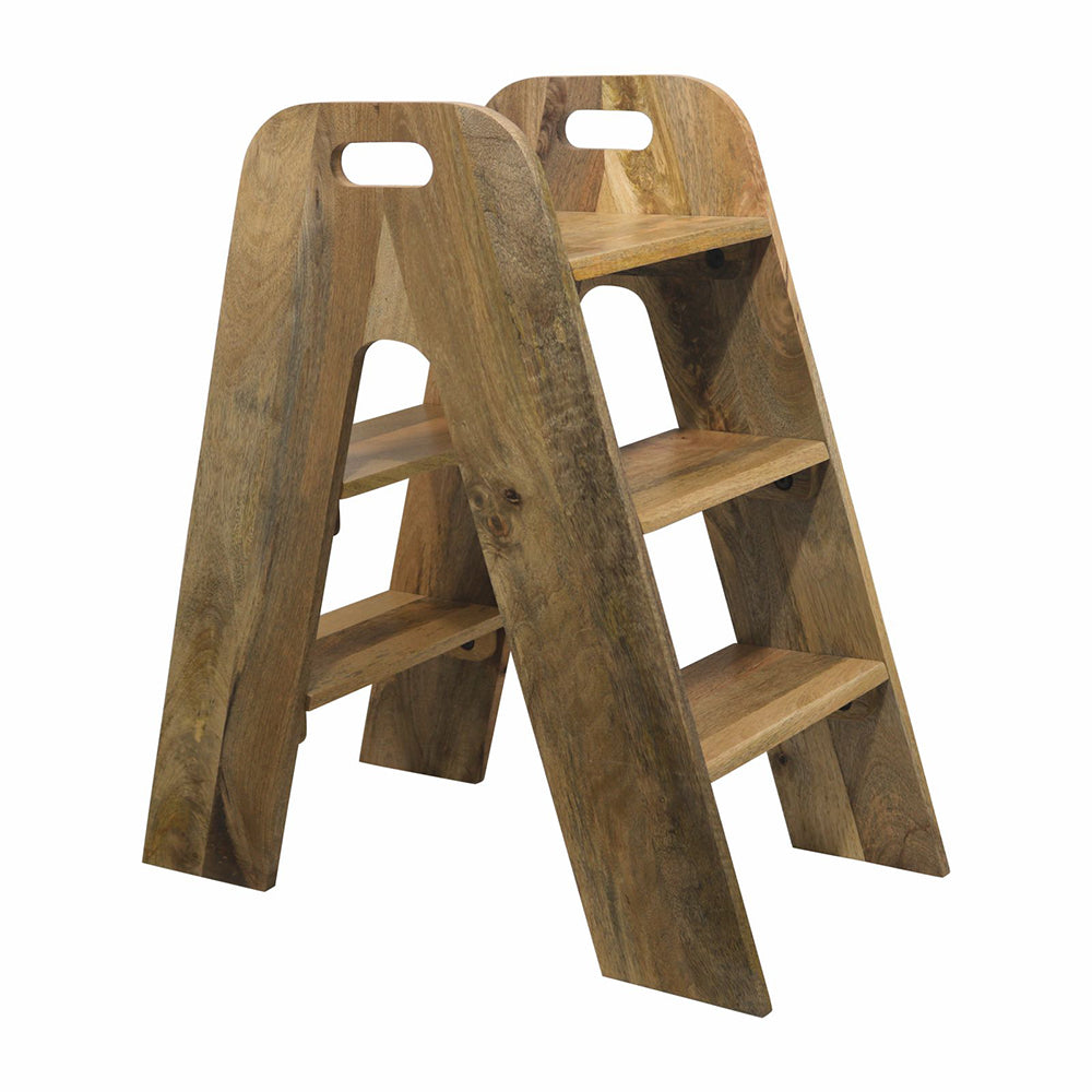 Mango Wood Foldable 3-Step Wide Anti Slip Ladder-Natural