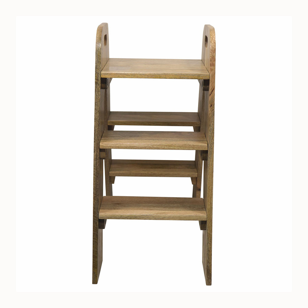 Mango Wood Foldable 3-Step Wide Anti Slip Ladder-Natural