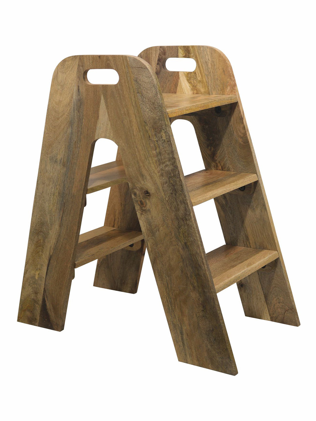 Mango Wood Foldable 3-Step Wide Anti Slip Ladder-Natural