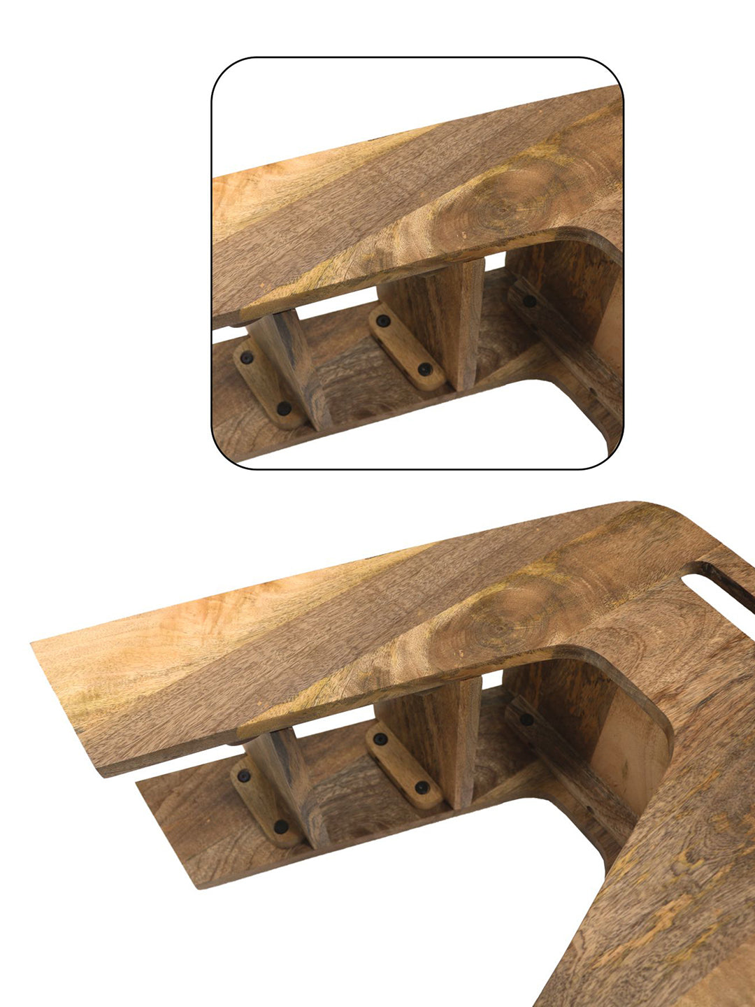 Mango Wood Foldable 3-Step Wide Anti Slip Ladder-Natural