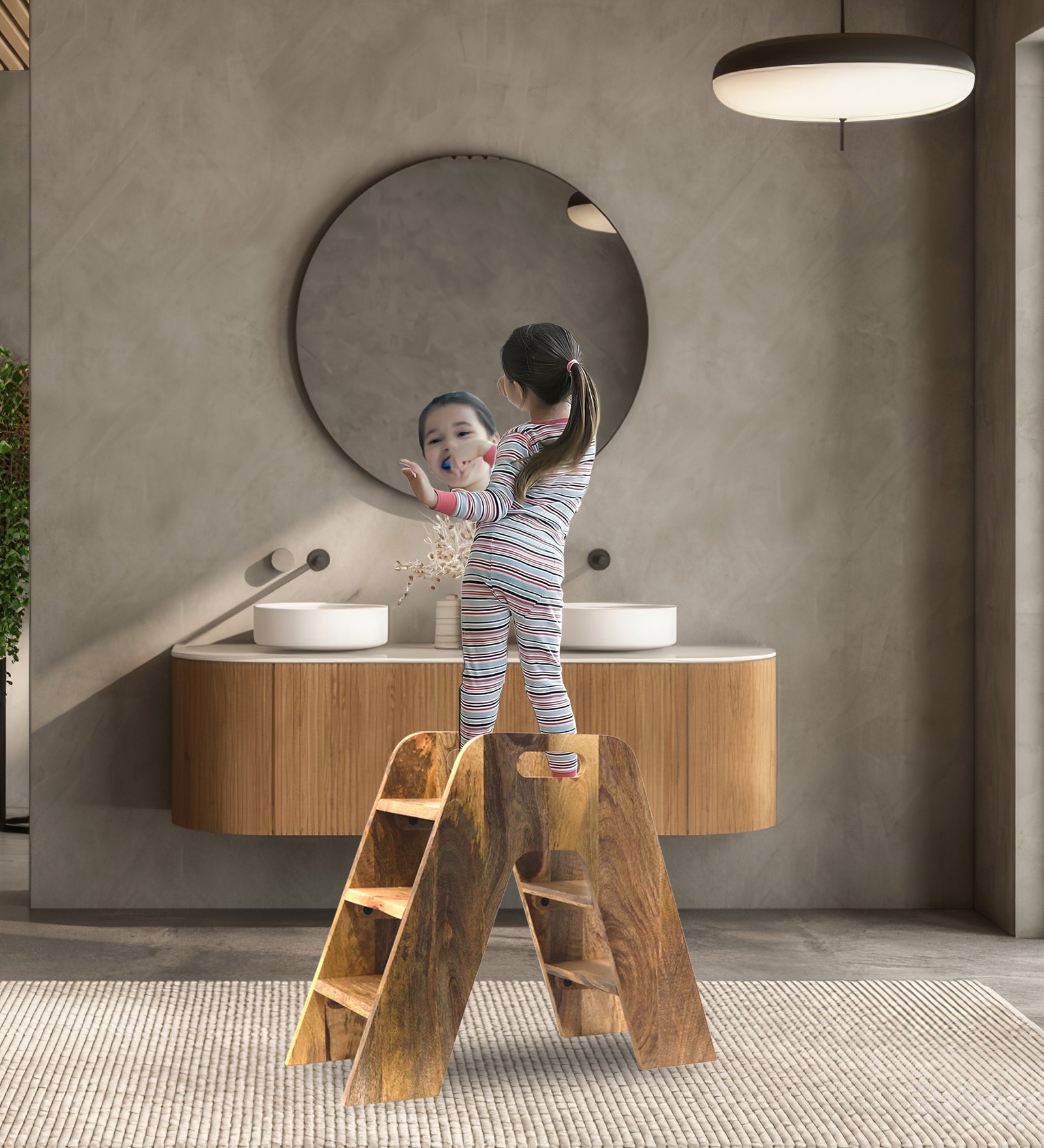 Mango Wood Foldable 3-Step Wide Anti Slip Ladder-Natural