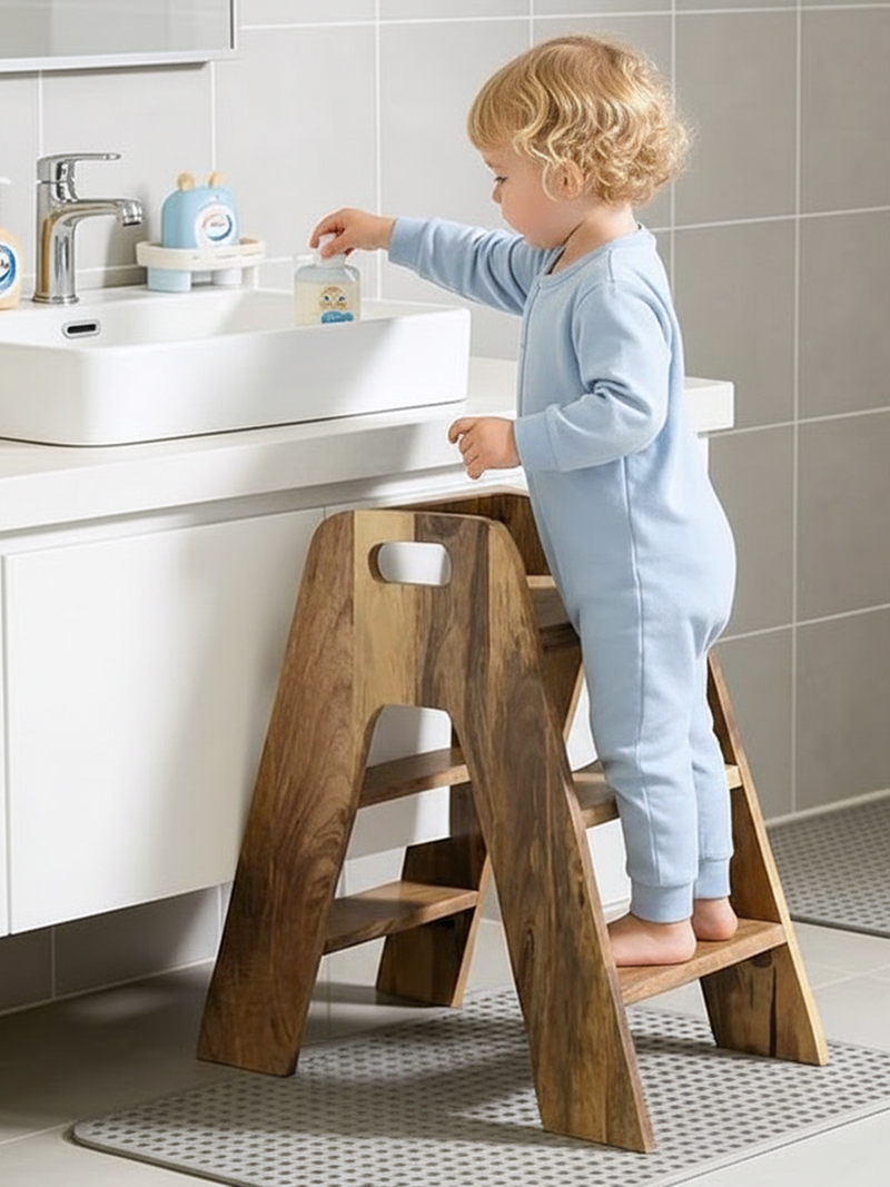 Mango Wood Foldable 3-Step Wide Anti Slip Ladder-Natural