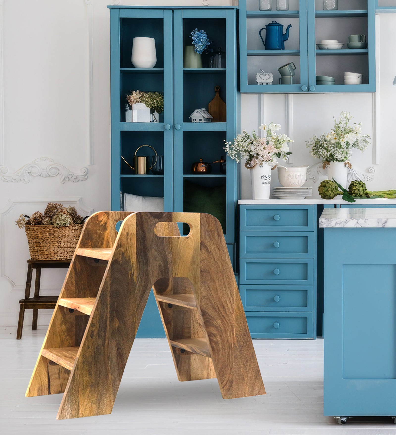 Mango Wood Foldable 3-Step Wide Anti Slip Ladder-Natural