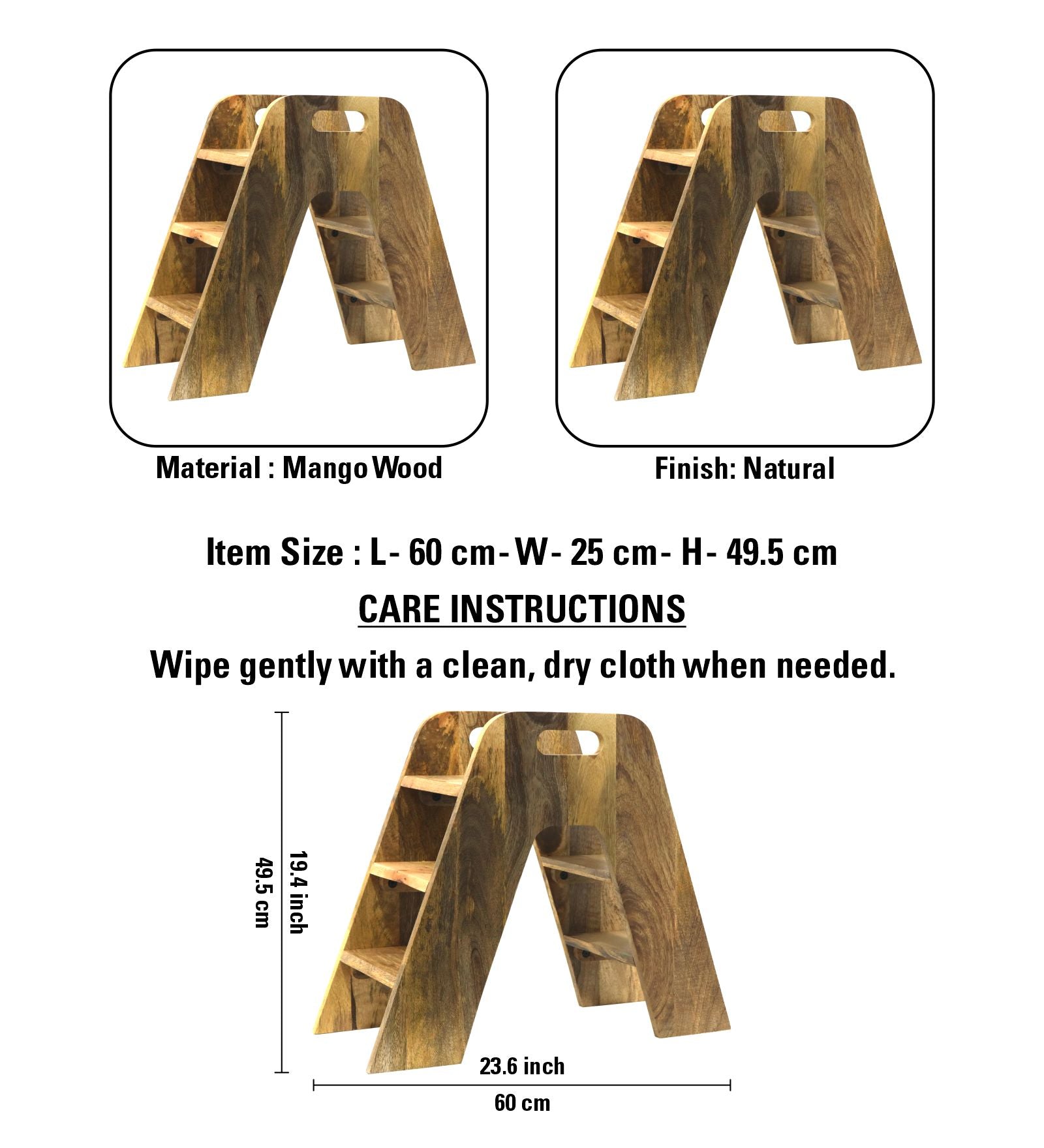 Mango Wood Foldable 3-Step Wide Anti Slip Ladder-Natural