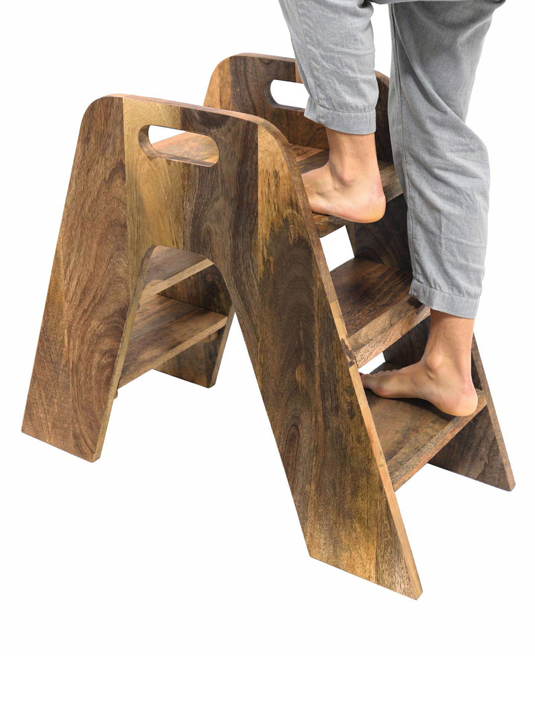 Mango Wood Foldable 3-Step Wide Anti Slip Ladder-Natural