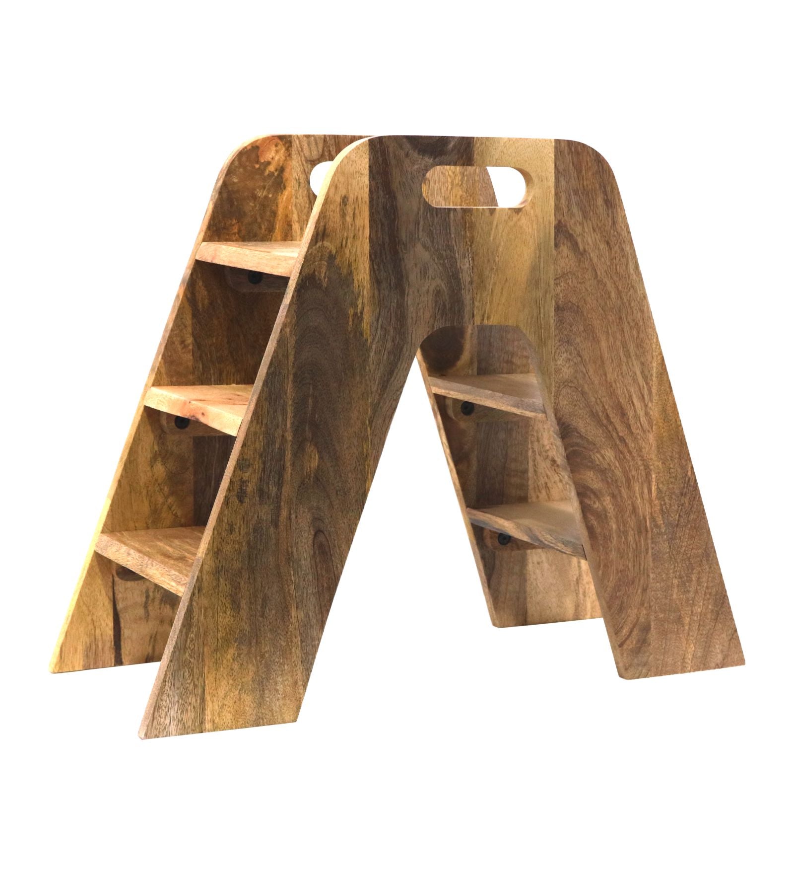 Mango Wood Foldable 3-Step Wide Anti Slip Ladder-Natural