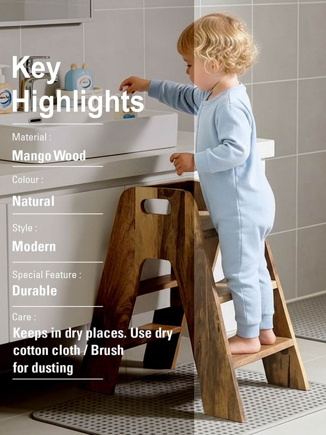 Mango Wood Foldable 3-Step Wide Anti Slip Ladder-Natural