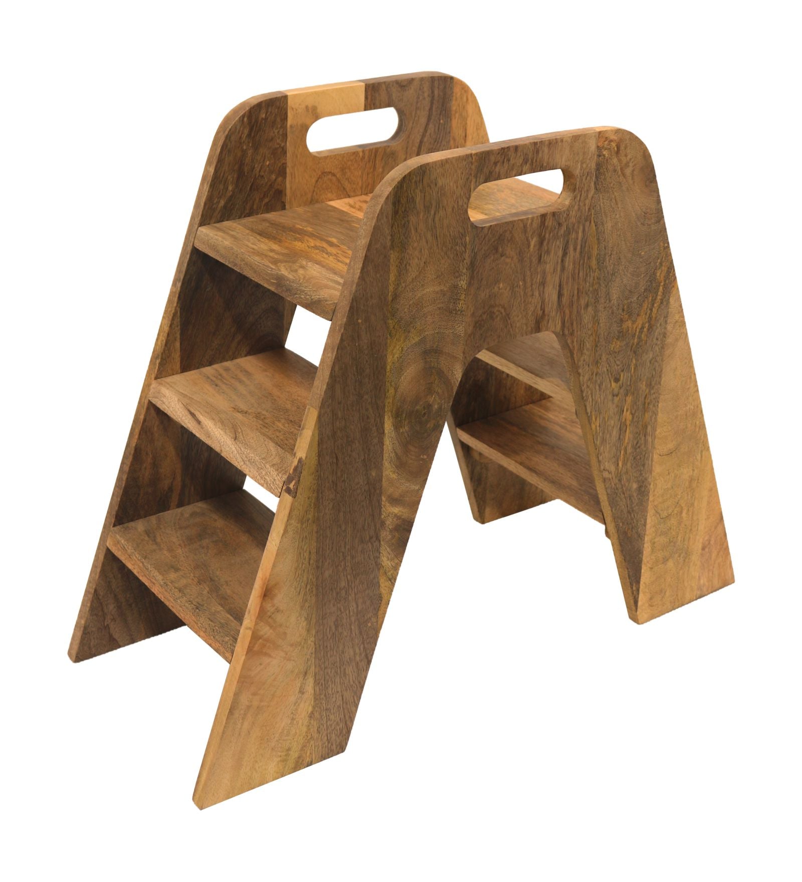 Mango Wood Foldable 3-Step Wide Anti Slip Ladder-Natural