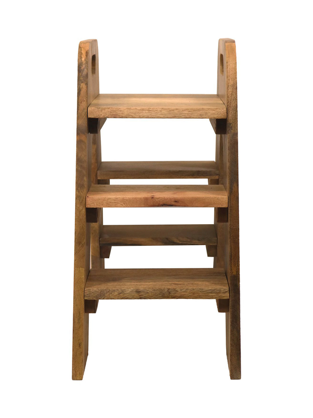 Mango Wood Foldable 3-Step Wide Anti Slip Ladder-Natural