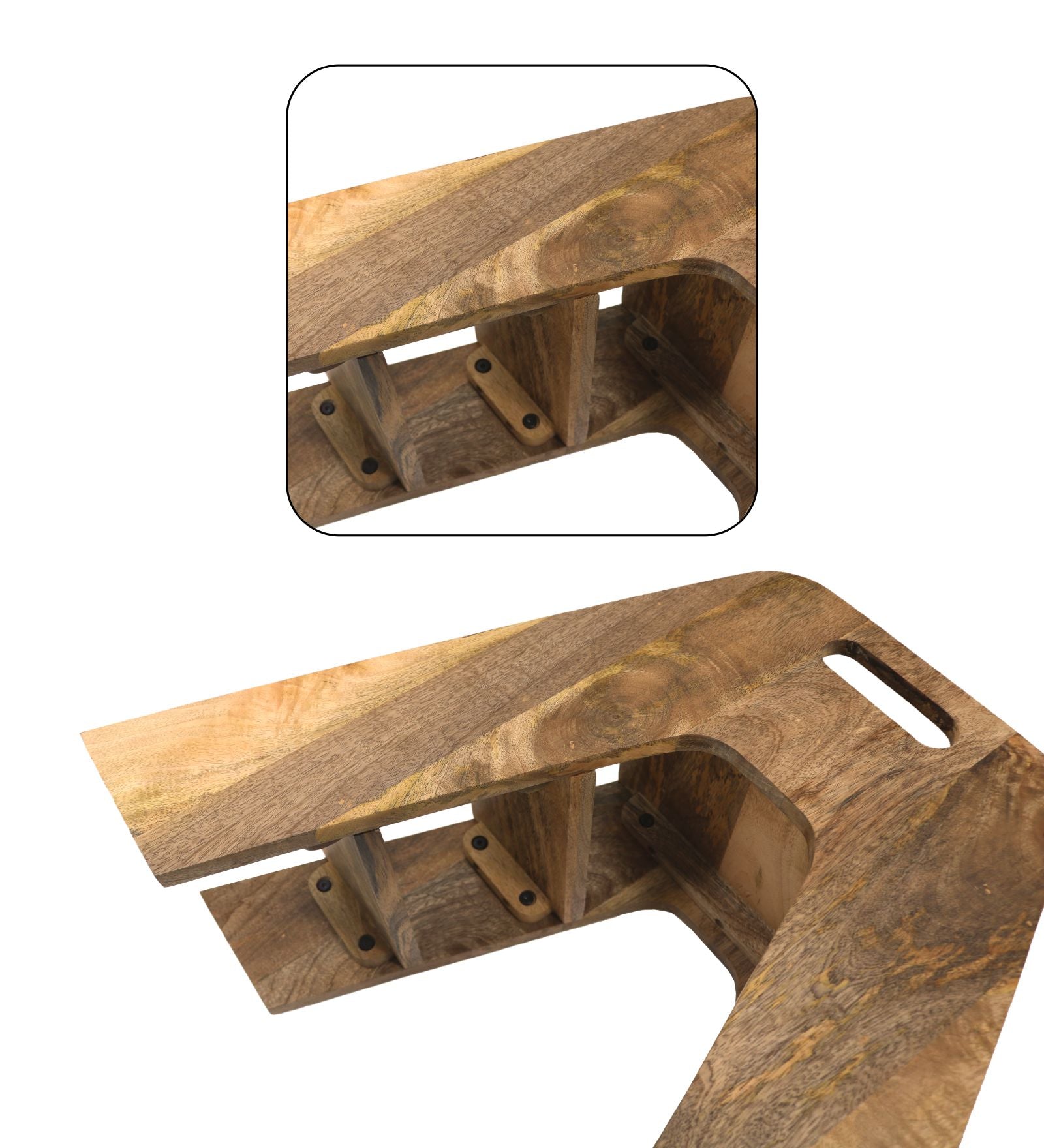 Mango Wood Foldable 3-Step Wide Anti Slip Ladder-Natural